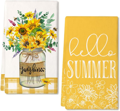 Sunflower Hello Summer Kitchen Towels Dish Towels Set of 2,Yellow Vase Floral Hand Towels 18x26 Inch Drying Dishcloth,Farmhouse Home Seasonal Holiday Summer Decorations AD317