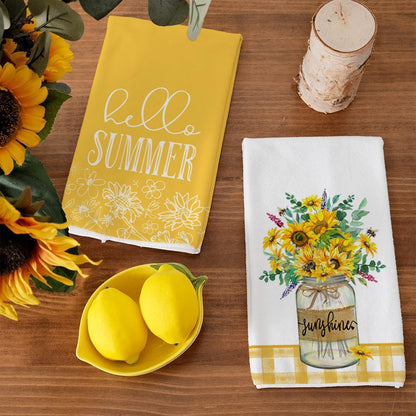Sunflower Hello Summer Kitchen Towels Dish Towels Set of 2,Yellow Vase Floral Hand Towels 18x26 Inch Drying Dishcloth,Farmhouse Home Seasonal Holiday Summer Decorations AD317