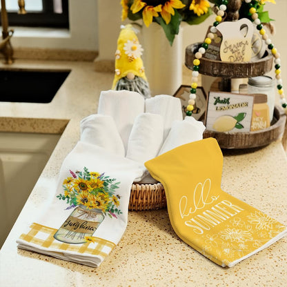 Sunflower Hello Summer Kitchen Towels Dish Towels Set of 2,Yellow Vase Floral Hand Towels 18x26 Inch Drying Dishcloth,Farmhouse Home Seasonal Holiday Summer Decorations AD317