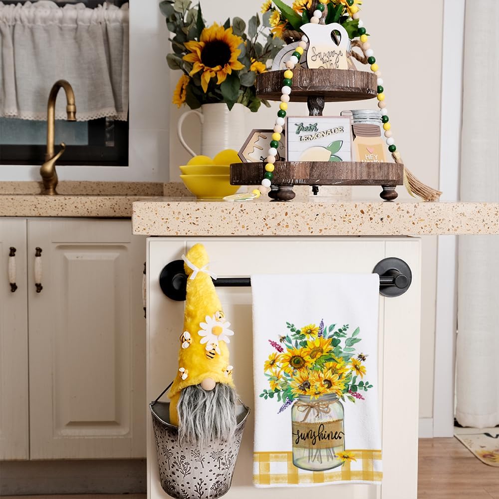 Sunflower Hello Summer Kitchen Towels Dish Towels Set of 2,Yellow Vase Floral Hand Towels 18x26 Inch Drying Dishcloth,Farmhouse Home Seasonal Holiday Summer Decorations AD317