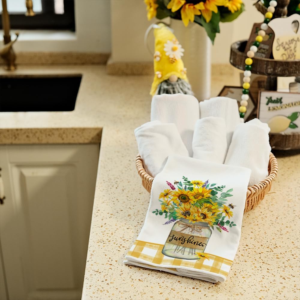 Sunflower Hello Summer Kitchen Towels Dish Towels Set of 2,Yellow Vase Floral Hand Towels 18x26 Inch Drying Dishcloth,Farmhouse Home Seasonal Holiday Summer Decorations AD317