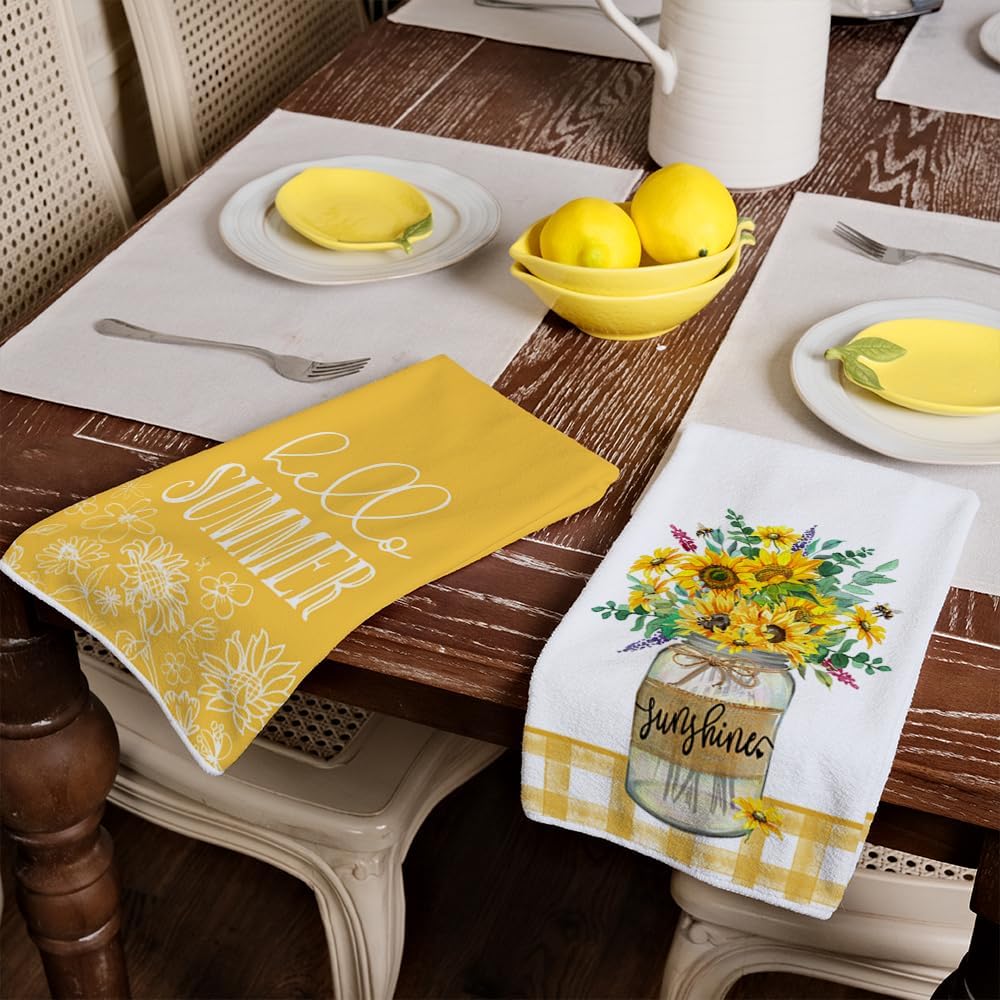 Sunflower Hello Summer Kitchen Towels Dish Towels Set of 2,Yellow Vase Floral Hand Towels 18x26 Inch Drying Dishcloth,Farmhouse Home Seasonal Holiday Summer Decorations AD317