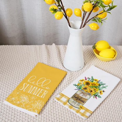 Sunflower Hello Summer Kitchen Towels Dish Towels Set of 2,Yellow Vase Floral Hand Towels 18x26 Inch Drying Dishcloth,Farmhouse Home Seasonal Holiday Summer Decorations AD317