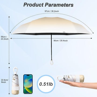Gradient UV Umbrella UPF 50+, Mini Sun Parasol Foldable Compact Travel Size | UPF 50+ Sun Protection, Gradient Sun Shade Canopy, Portable Storage Bag. Foldable Lightweight Fits Purse for Women Girls