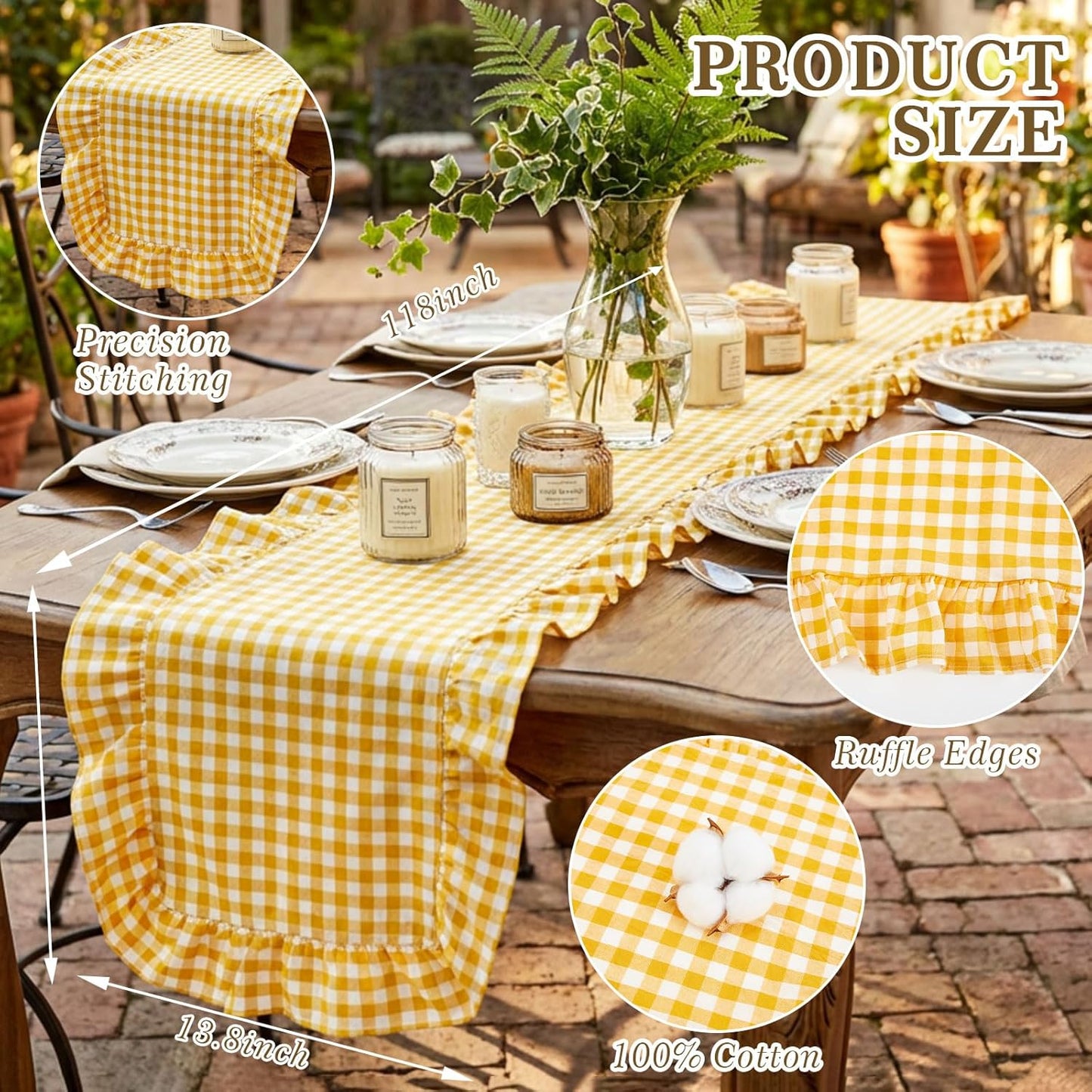 1 Pcs Yellow Plaid Gingham Ruffle Table Runner 118 x 13.8'' Farmhouse Table Runner 100% Cotton Scalloped Long Dresser Scarves for Dining Room, Wedding, Kitchen Rustic Home Decor