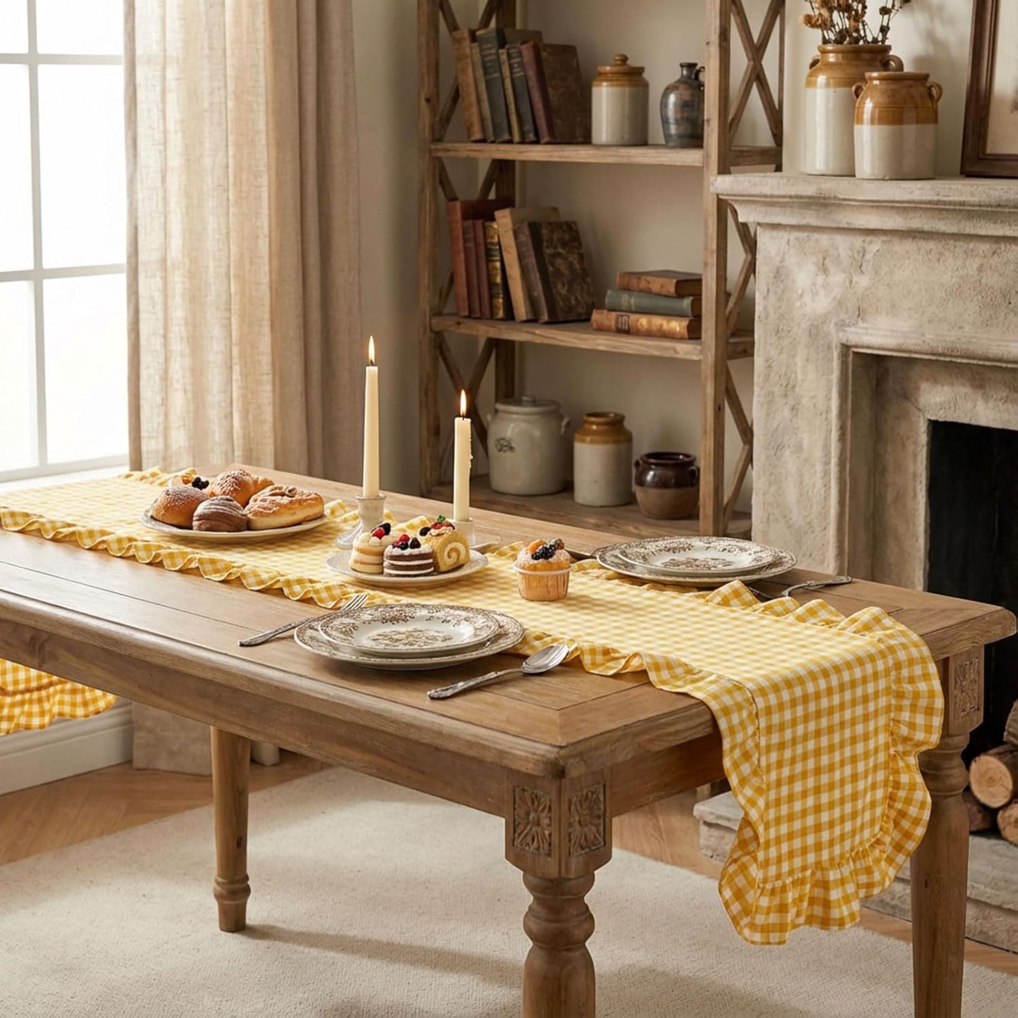 1 Pcs Yellow Plaid Gingham Ruffle Table Runner 118 x 13.8'' Farmhouse Table Runner 100% Cotton Scalloped Long Dresser Scarves for Dining Room, Wedding, Kitchen Rustic Home Decor