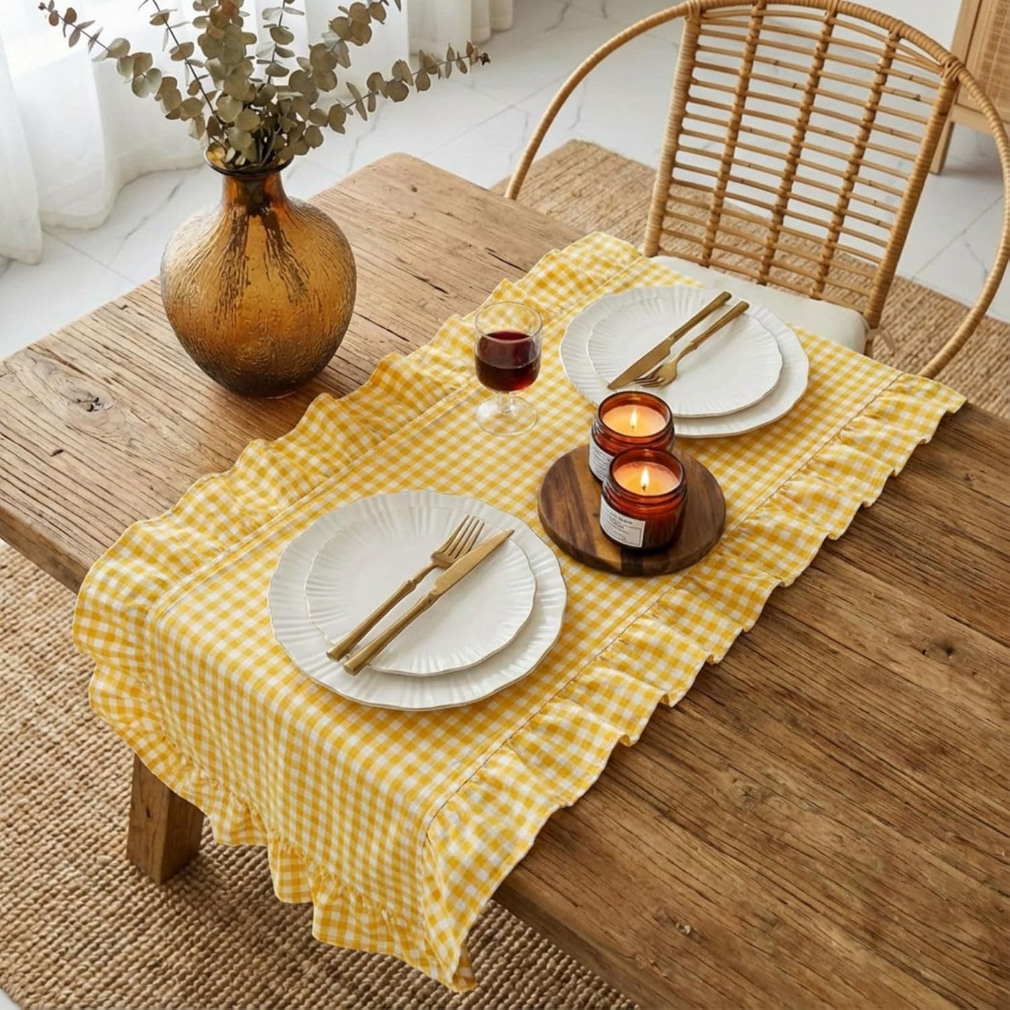 1 Pcs Yellow Plaid Gingham Ruffle Table Runner 118 x 13.8'' Farmhouse Table Runner 100% Cotton Scalloped Long Dresser Scarves for Dining Room, Wedding, Kitchen Rustic Home Decor