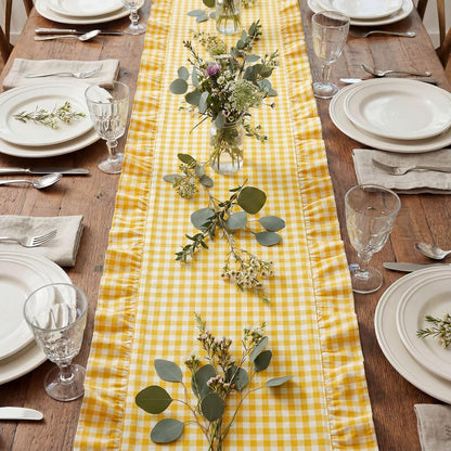 1 Pcs Yellow Plaid Gingham Ruffle Table Runner 118 x 13.8'' Farmhouse Table Runner 100% Cotton Scalloped Long Dresser Scarves for Dining Room, Wedding, Kitchen Rustic Home Decor