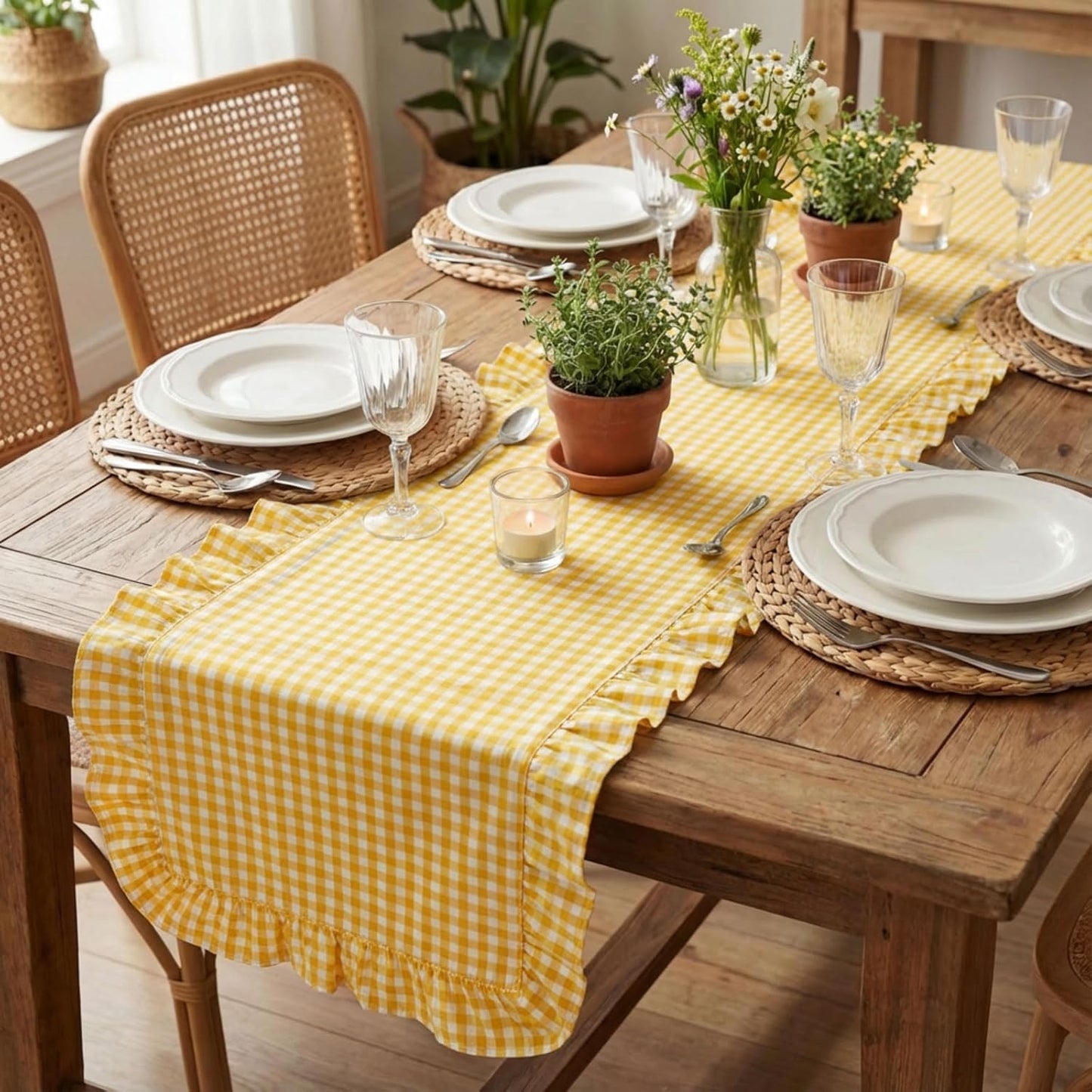 1 Pcs Yellow Plaid Gingham Ruffle Table Runner 118 x 13.8'' Farmhouse Table Runner 100% Cotton Scalloped Long Dresser Scarves for Dining Room, Wedding, Kitchen Rustic Home Decor