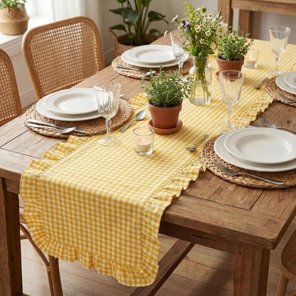 1 Pcs Yellow Plaid Gingham Ruffle Table Runner 118 x 13.8'' Farmhouse Table Runner 100% Cotton Scalloped Long Dresser Scarves for Dining Room, Wedding, Kitchen Rustic Home Decor