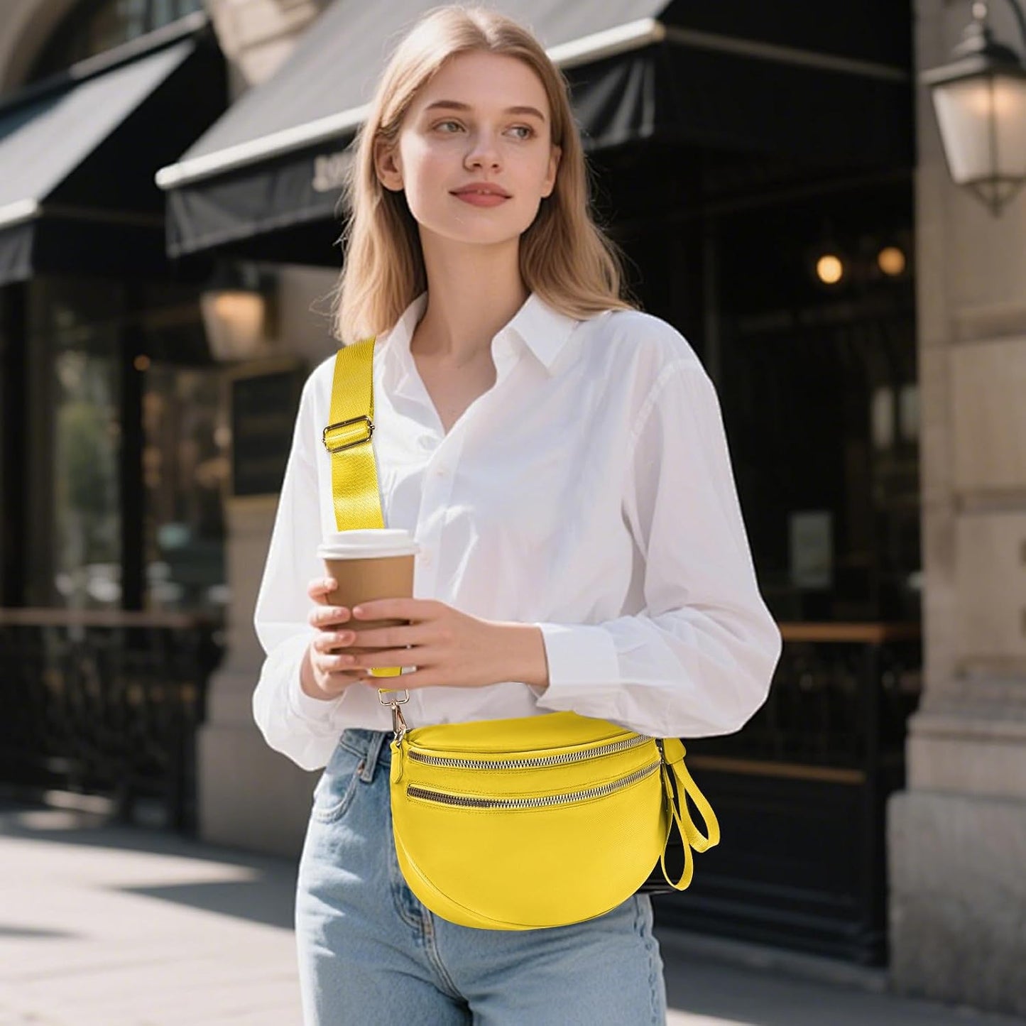 Nylon Crossbody Bags Bum Bag for Women Large Sling Purse（Yellow）