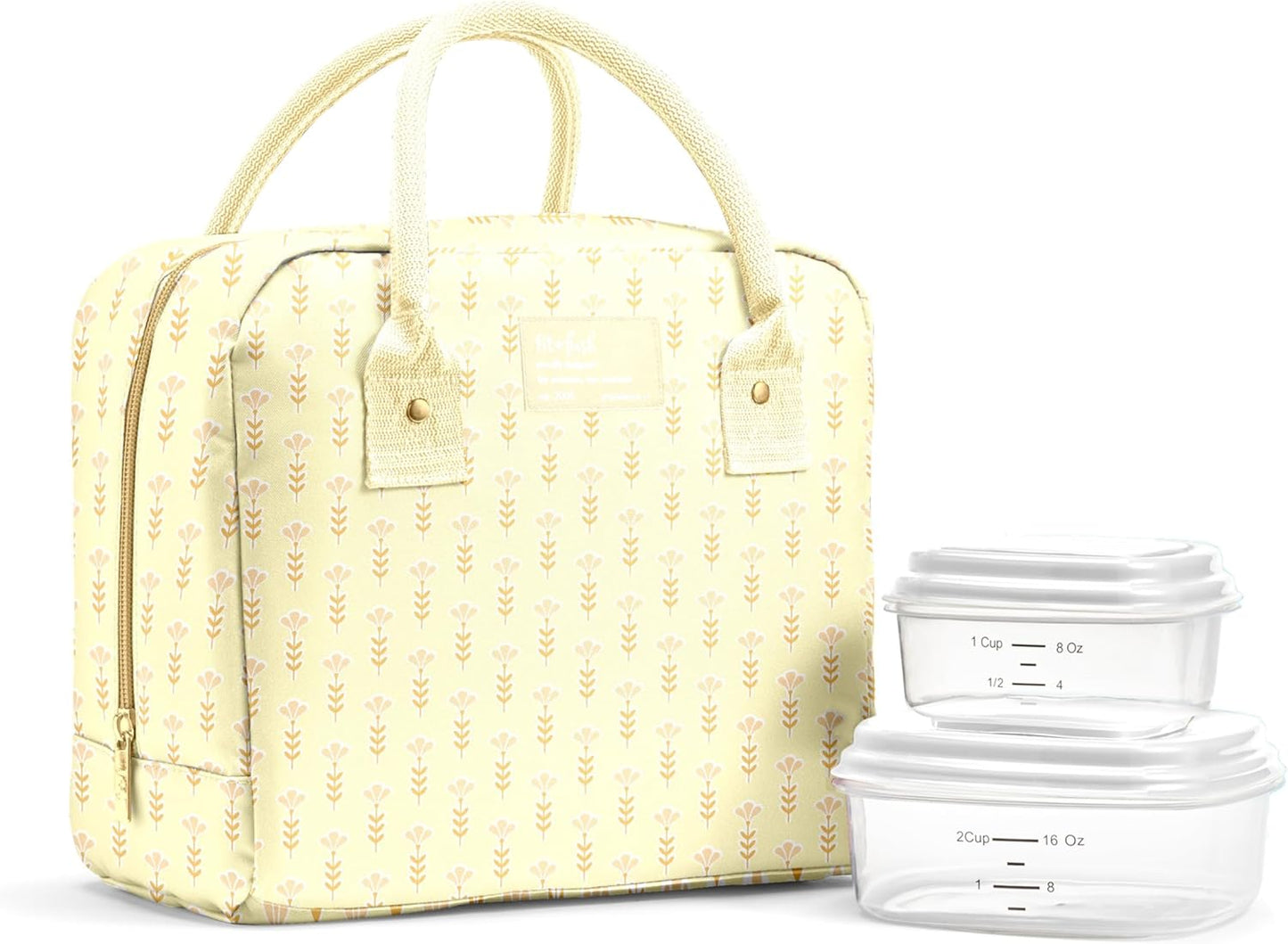 Bloomington Lunch Bag for Women - Insulated Large Lunch Box for Work with Containers, Leak-Resistant, Stain-Resistant, Zipper Closure, Butter Yellow Tiny Flowers