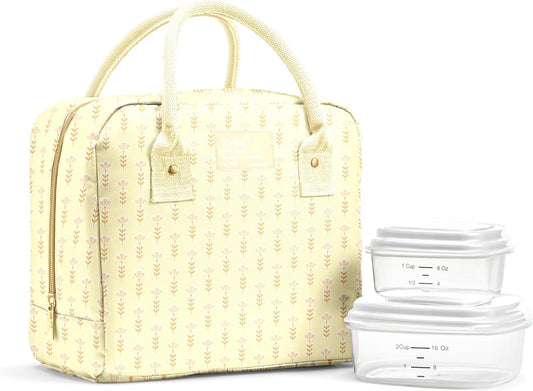 Bloomington Lunch Bag for Women - Insulated Large Lunch Box for Work with Containers, Leak-Resistant, Stain-Resistant, Zipper Closure, Butter Yellow Tiny Flowers