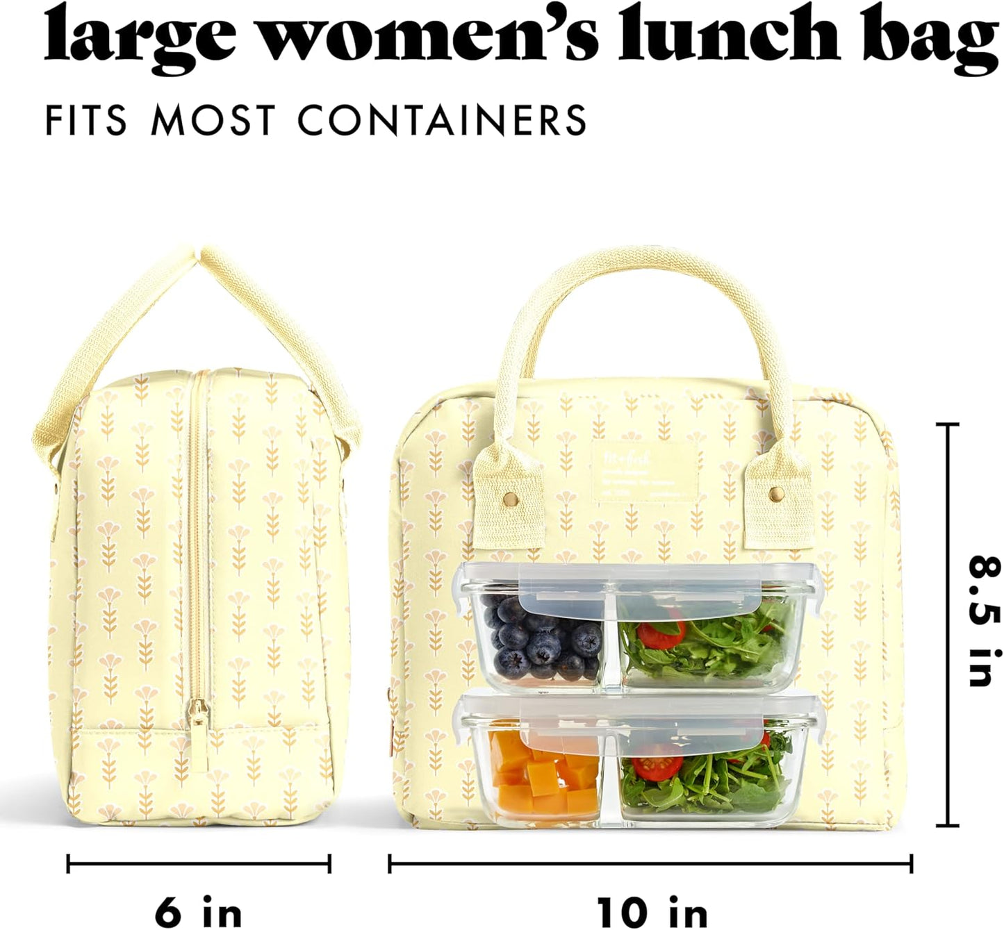 Bloomington Lunch Bag for Women - Insulated Large Lunch Box for Work with Containers, Leak-Resistant, Stain-Resistant, Zipper Closure, Butter Yellow Tiny Flowers