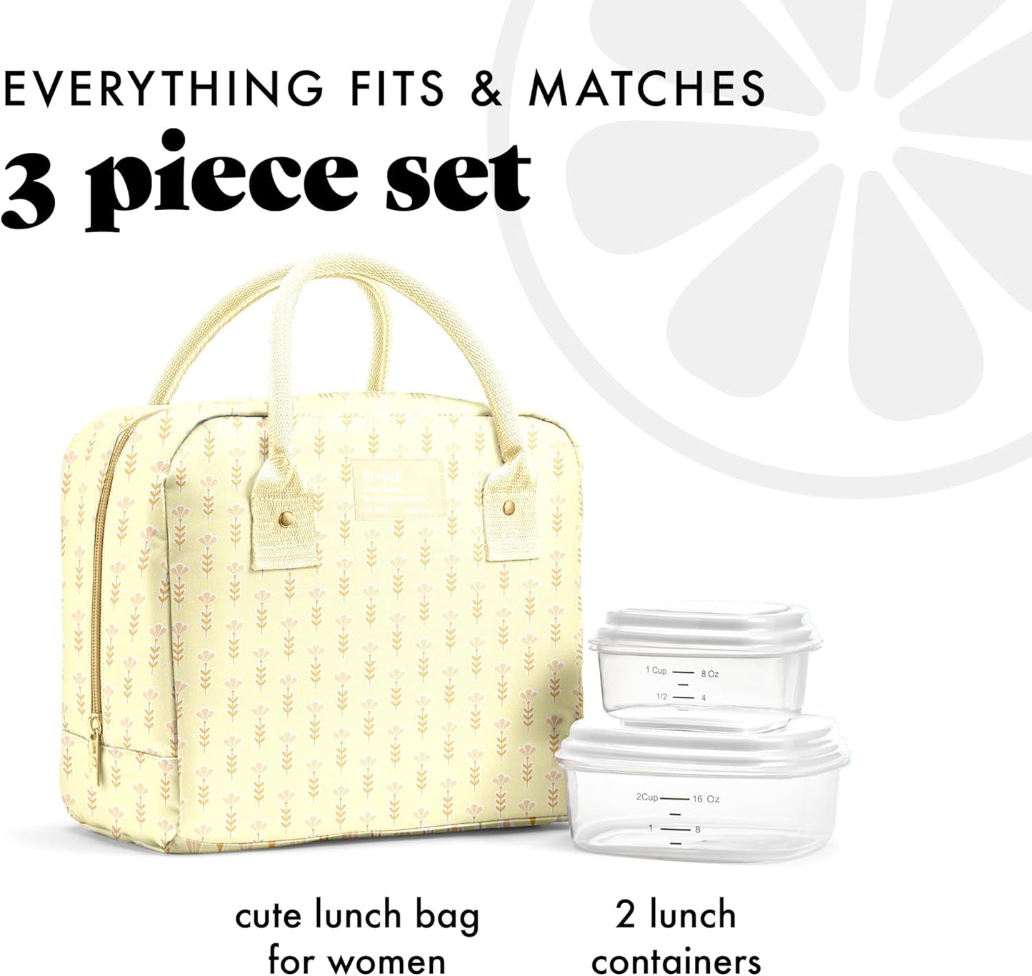 Bloomington Lunch Bag for Women - Insulated Large Lunch Box for Work with Containers, Leak-Resistant, Stain-Resistant, Zipper Closure, Butter Yellow Tiny Flowers