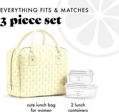 Bloomington Lunch Bag for Women - Insulated Large Lunch Box for Work with Containers, Leak-Resistant, Stain-Resistant, Zipper Closure, Butter Yellow Tiny Flowers