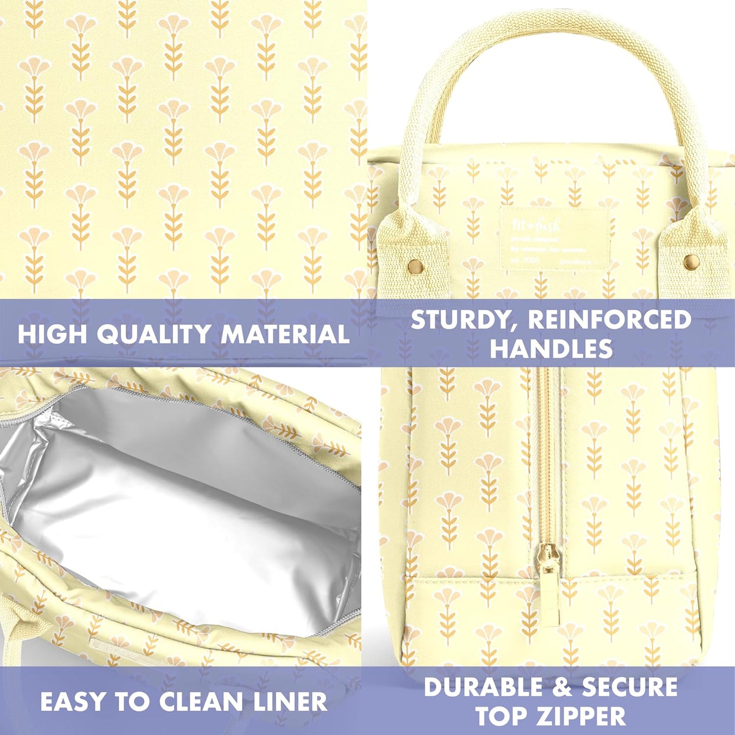 Bloomington Lunch Bag for Women - Insulated Large Lunch Box for Work with Containers, Leak-Resistant, Stain-Resistant, Zipper Closure, Butter Yellow Tiny Flowers