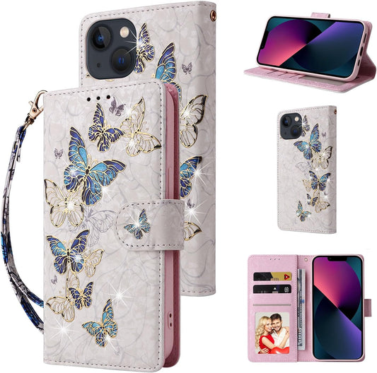 Wallet Case for iPhone 14, PU Leather Phone Cover Kickstand RFID Blocking Flip Case Card Slots Wrist Strap Relief Engraved Pattern Magnetic Closure Flower Folio Wallet, Blue Butterfly