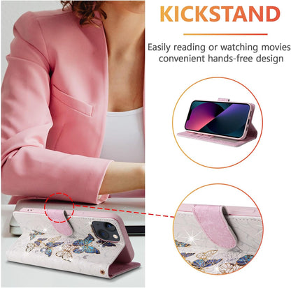 Wallet Case for iPhone 14, PU Leather Phone Cover Kickstand RFID Blocking Flip Case Card Slots Wrist Strap Relief Engraved Pattern Magnetic Closure Flower Folio Wallet, Blue Butterfly