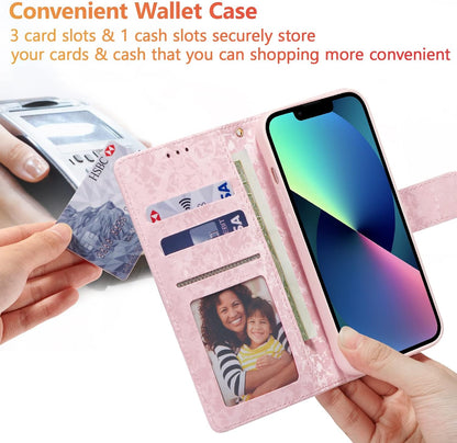 Wallet Case for iPhone 14, PU Leather Phone Cover Kickstand RFID Blocking Flip Case Card Slots Wrist Strap Relief Engraved Pattern Magnetic Closure Flower Folio Wallet, Blue Butterfly