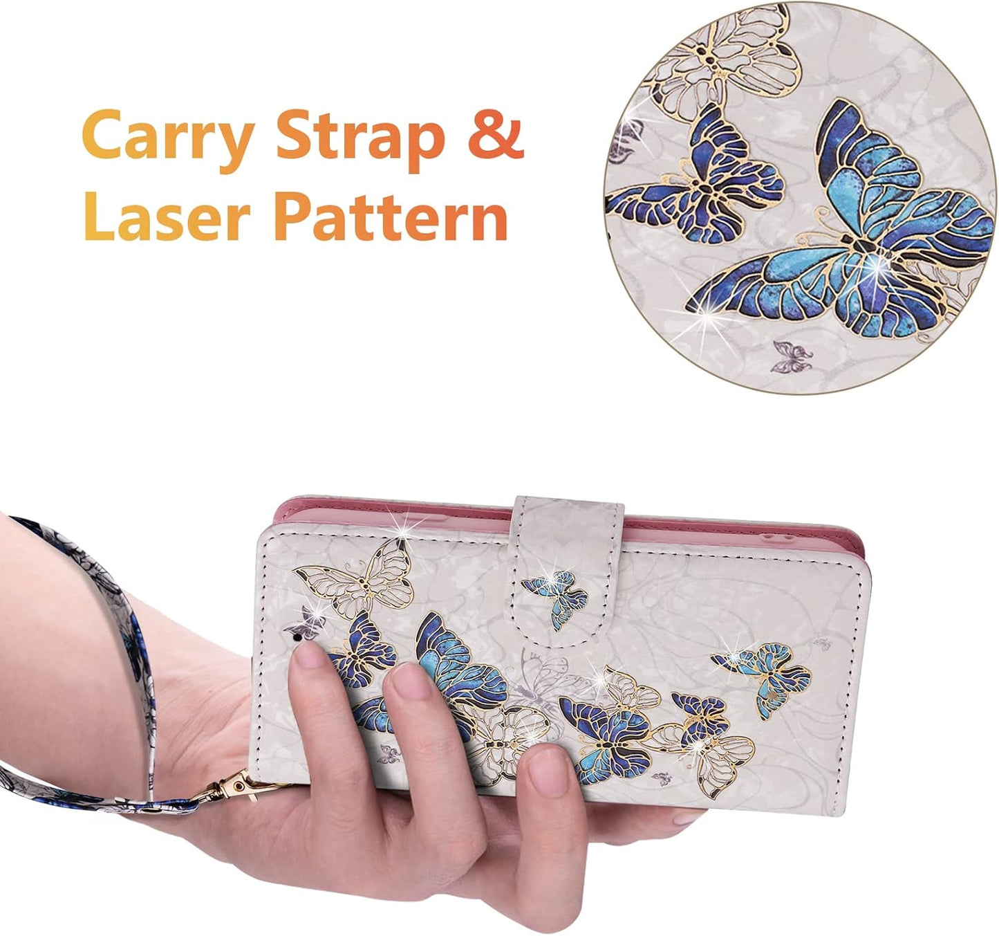 Wallet Case for iPhone 14, PU Leather Phone Cover Kickstand RFID Blocking Flip Case Card Slots Wrist Strap Relief Engraved Pattern Magnetic Closure Flower Folio Wallet, Blue Butterfly