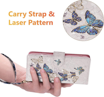 Wallet Case for iPhone 14, PU Leather Phone Cover Kickstand RFID Blocking Flip Case Card Slots Wrist Strap Relief Engraved Pattern Magnetic Closure Flower Folio Wallet, Blue Butterfly