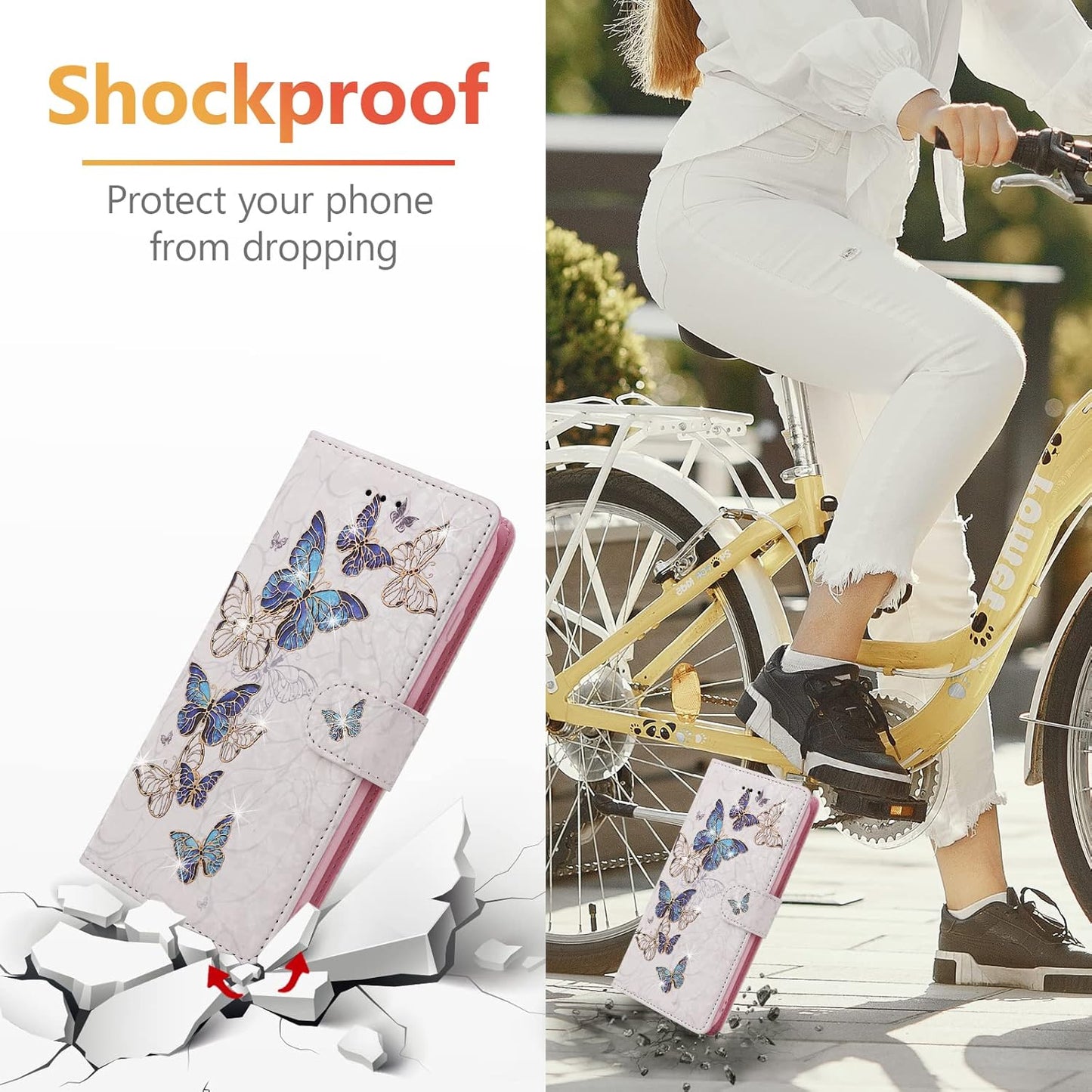 Wallet Case for iPhone 14, PU Leather Phone Cover Kickstand RFID Blocking Flip Case Card Slots Wrist Strap Relief Engraved Pattern Magnetic Closure Flower Folio Wallet, Blue Butterfly