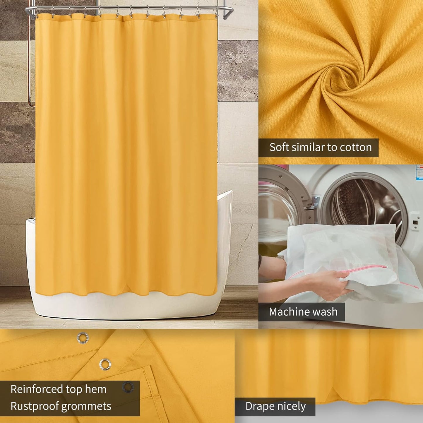 Yellow Shower Curtain or Liner with 3 Magnets - Soft Hotel Quality Fabric Shower Curtain for Bathroom, Light-Weight & Machine Washable - Standard Size 72x72, Mustard Yellow