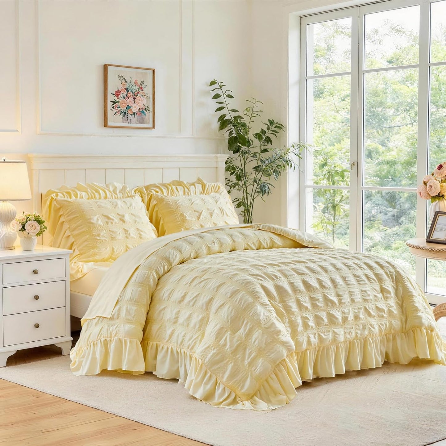 Yellow Plaid Seersucker Comforter Set with Ruffled Fringe Queen Size, 3 Pieces Lightweight Soft Fluffy Farmhouse Bedding Set for All Season, Elegant Bed Set with Ruffle Shams (Yellow, Queen)