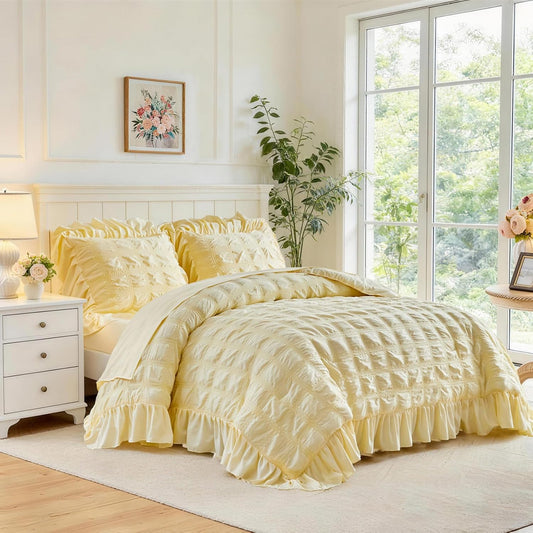 Yellow Plaid Seersucker Comforter Set with Ruffled Fringe Queen Size, 3 Pieces Lightweight Soft Fluffy Farmhouse Bedding Set for All Season, Elegant Bed Set with Ruffle Shams (Yellow, Queen)