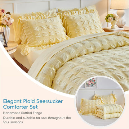 Yellow Plaid Seersucker Comforter Set with Ruffled Fringe Queen Size, 3 Pieces Lightweight Soft Fluffy Farmhouse Bedding Set for All Season, Elegant Bed Set with Ruffle Shams (Yellow, Queen)