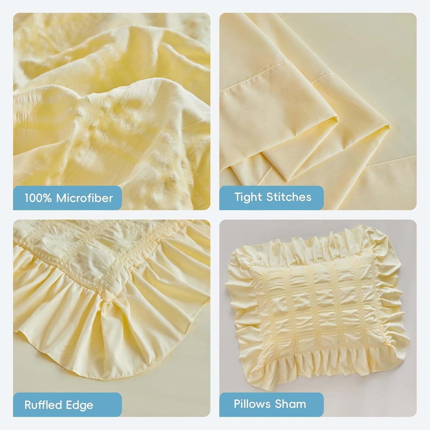 Yellow Plaid Seersucker Comforter Set with Ruffled Fringe Queen Size, 3 Pieces Lightweight Soft Fluffy Farmhouse Bedding Set for All Season, Elegant Bed Set with Ruffle Shams (Yellow, Queen)