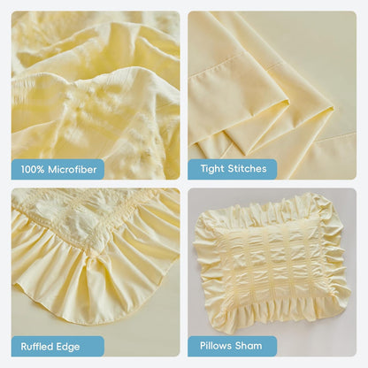 Yellow Plaid Seersucker Comforter Set with Ruffled Fringe Queen Size, 3 Pieces Lightweight Soft Fluffy Farmhouse Bedding Set for All Season, Elegant Bed Set with Ruffle Shams (Yellow, Queen)
