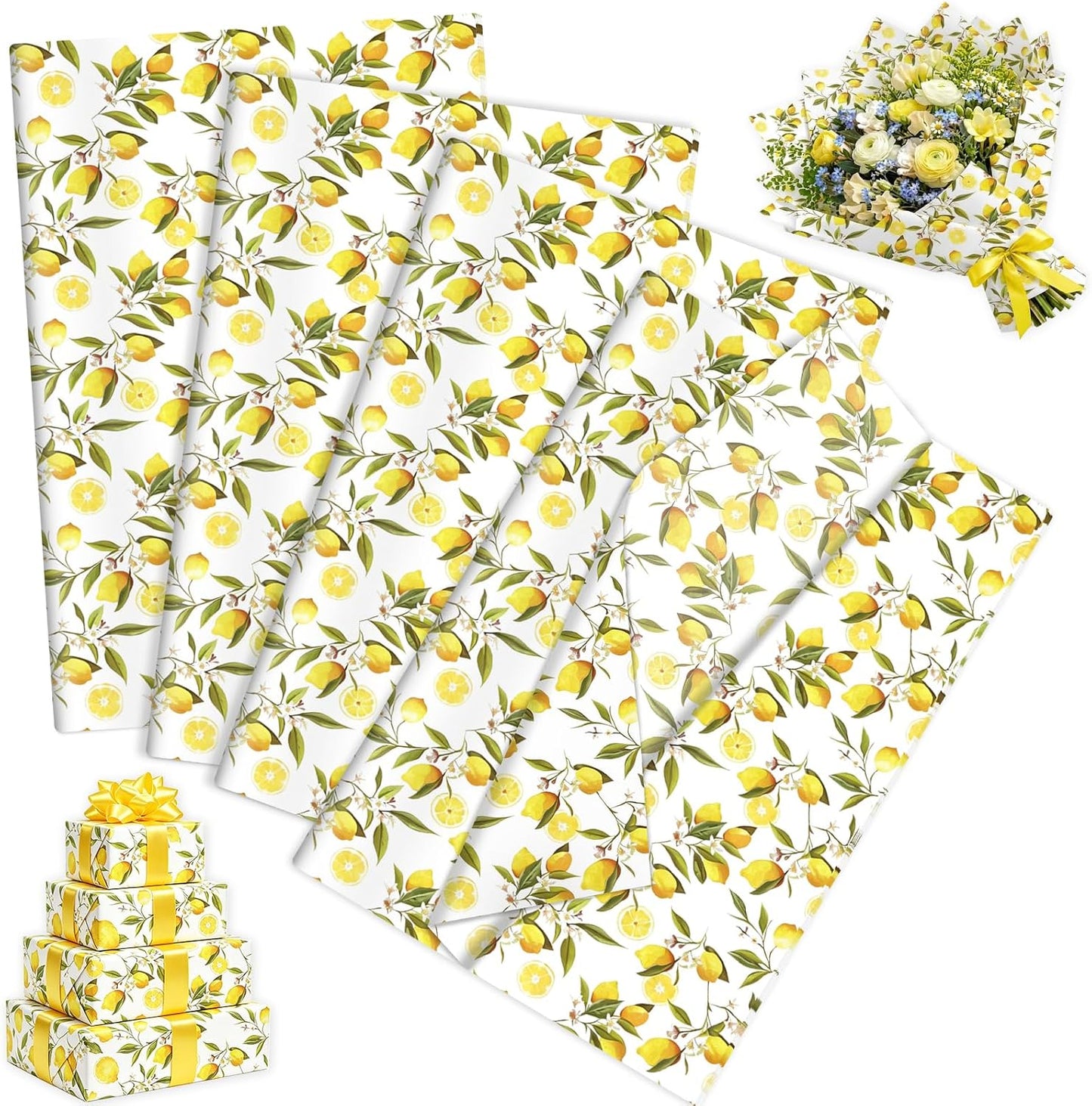 60 Sheets Yellow Lemon Print Tissue Paper, 14×20" Yellow Lemon Patterns Gift Wrapping Paper for Summer DIY Crafts Fruit-Themed Party Supplies (Lemon-B)