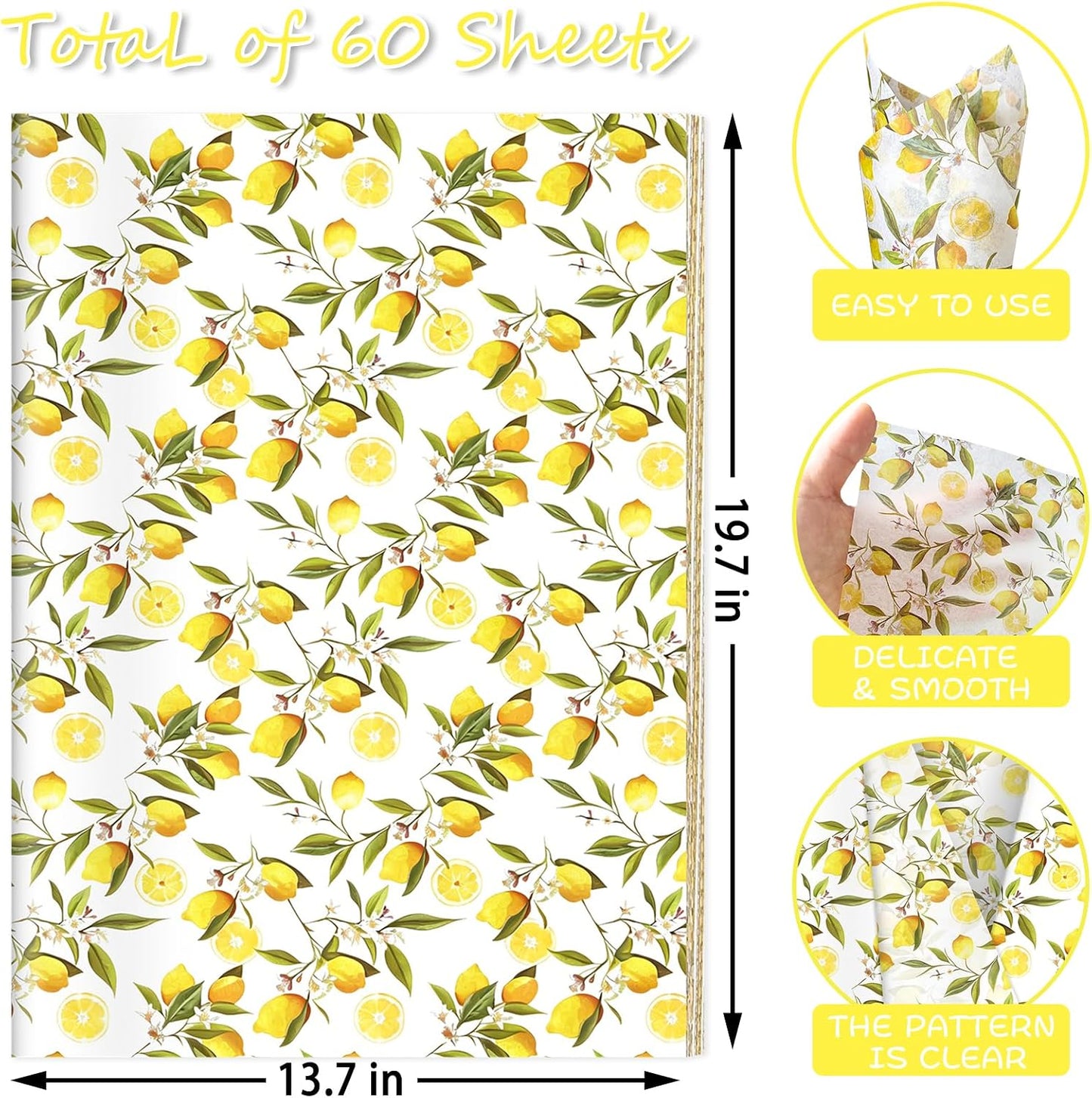 60 Sheets Yellow Lemon Print Tissue Paper, 14×20" Yellow Lemon Patterns Gift Wrapping Paper for Summer DIY Crafts Fruit-Themed Party Supplies (Lemon-B)