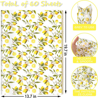 60 Sheets Yellow Lemon Print Tissue Paper, 14×20" Yellow Lemon Patterns Gift Wrapping Paper for Summer DIY Crafts Fruit-Themed Party Supplies (Lemon-B)