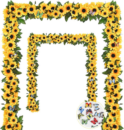2 Pack Artificial Sunflower Garland Decor, Sunflower Vines Hanging Flowers Garland with Green Leaves, Fake Yellow Floral Vines Room Wedding Party Decoration