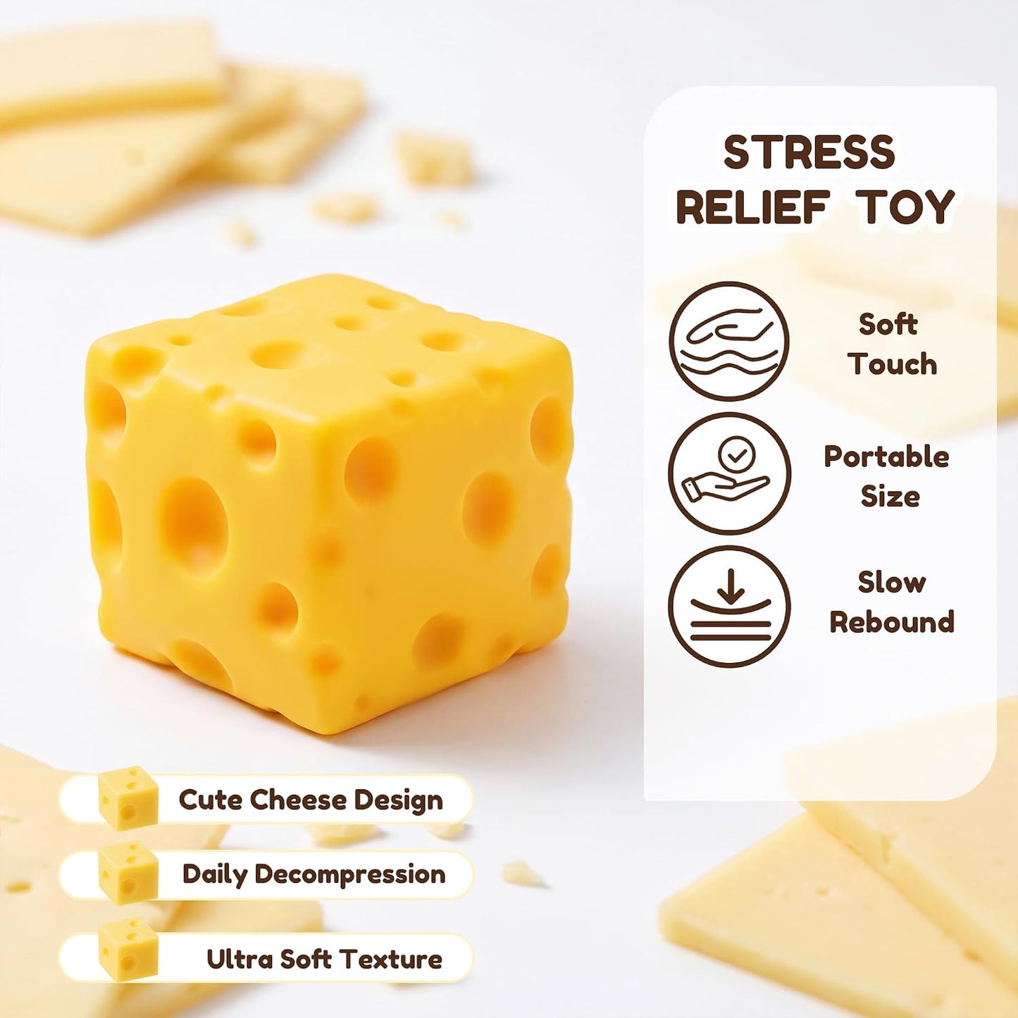 Cheese Squishy Cube Block, Slow Rising Soft Squeeze Sensory Fidget Toy, Stress & Anxiety Relief Desk Toy, Calming Gift for Adults Kids Teens, Office Home Travel Use (Yellow, 2.4 Inch)