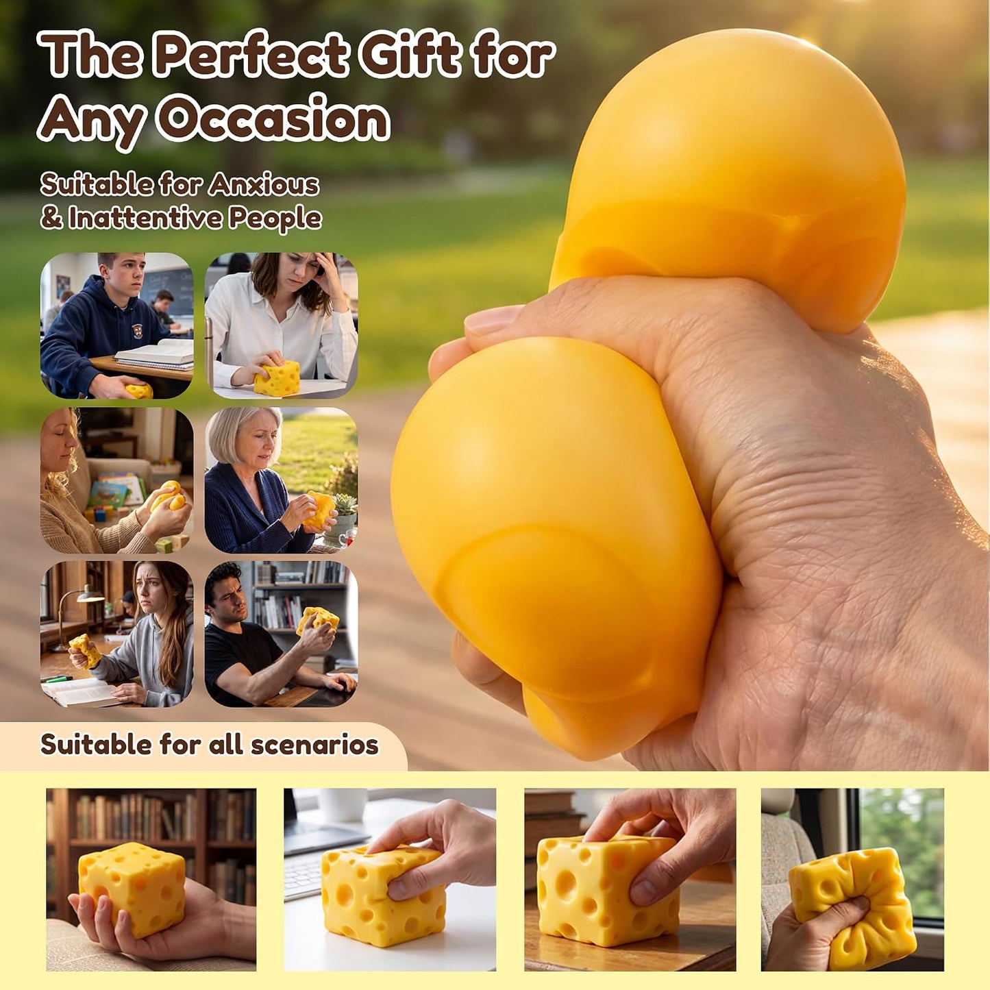 Cheese Squishy Cube Block, Slow Rising Soft Squeeze Sensory Fidget Toy, Stress & Anxiety Relief Desk Toy, Calming Gift for Adults Kids Teens, Office Home Travel Use (Yellow, 2.4 Inch)