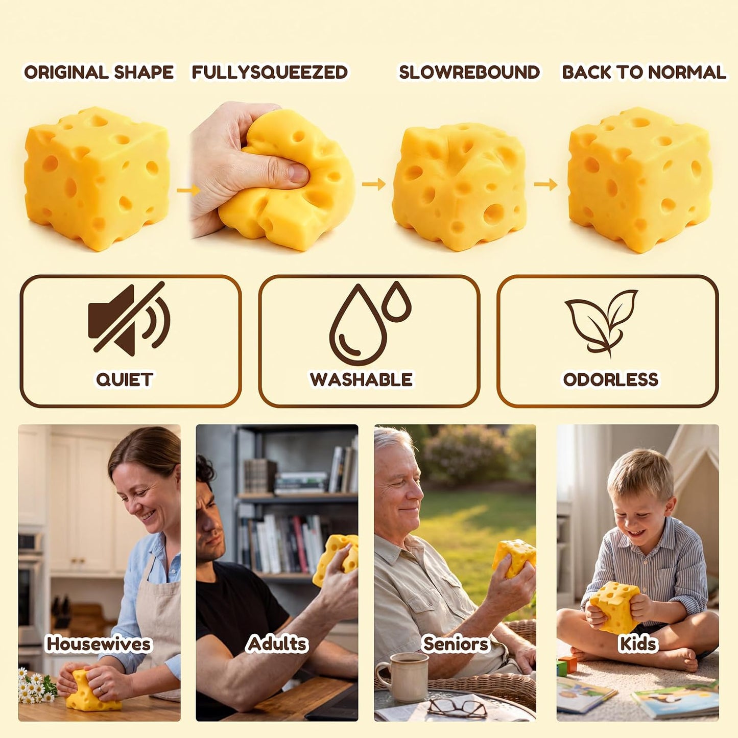 Cheese Squishy Cube Block, Slow Rising Soft Squeeze Sensory Fidget Toy, Stress & Anxiety Relief Desk Toy, Calming Gift for Adults Kids Teens, Office Home Travel Use (Yellow, 2.4 Inch)