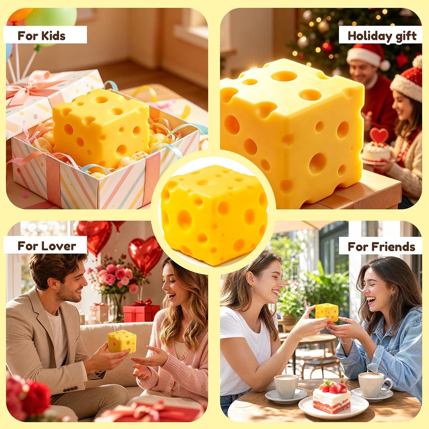 Cheese Squishy Cube Block, Slow Rising Soft Squeeze Sensory Fidget Toy, Stress & Anxiety Relief Desk Toy, Calming Gift for Adults Kids Teens, Office Home Travel Use (Yellow, 2.4 Inch)