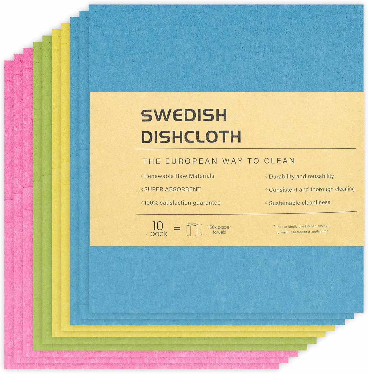 Reusable Swedish Dishcloths - Absorbent, Long-Lasting Sponge Cloths for Kitchen and Home Cleaning (Red, Blue, Green, Yellow), Pack of 10