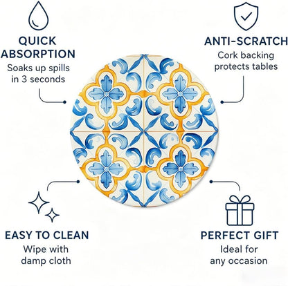 Yellow Sun Coasters for Outdoor Patio & Garden, Sicilian Lemon Style Absorbent Drink Pads, 6 Pcs with Holder, Summer Party Tableware Accessories