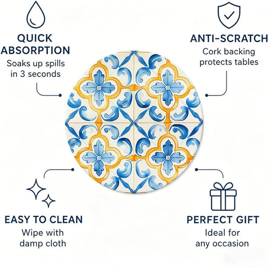 Yellow Sun Coasters for Outdoor Patio & Garden, Sicilian Lemon Style Absorbent Drink Pads, 6 Pcs with Holder, Summer Party Tableware Accessories