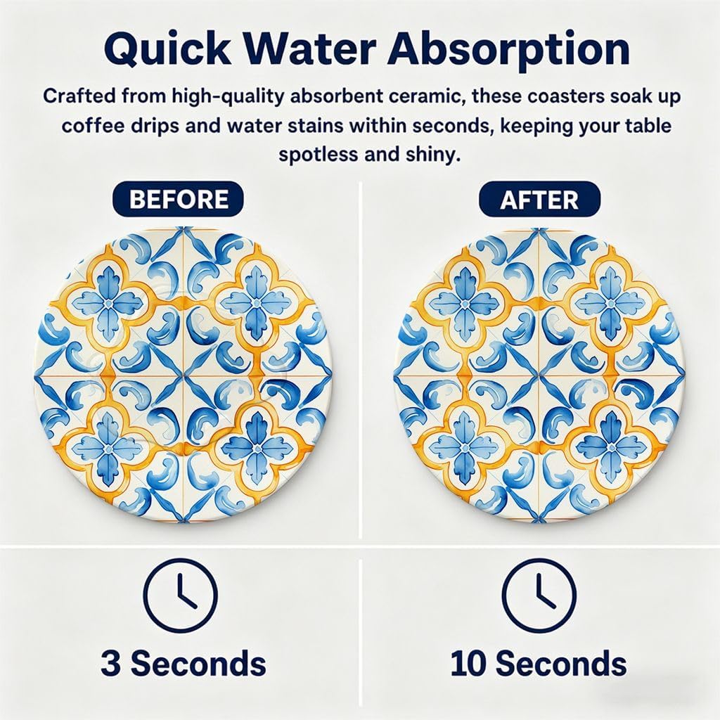 Yellow Sun Coasters for Outdoor Patio & Garden, Sicilian Lemon Style Absorbent Drink Pads, 6 Pcs with Holder, Summer Party Tableware Accessories