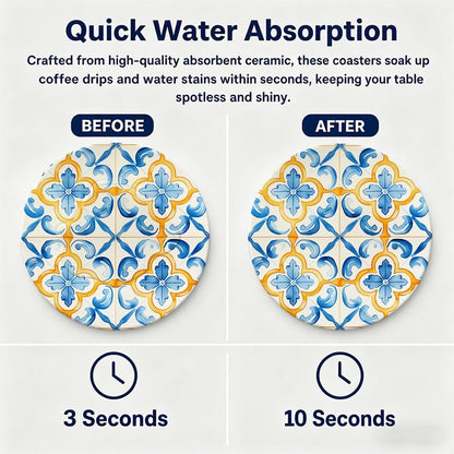 Yellow Sun Coasters for Outdoor Patio & Garden, Sicilian Lemon Style Absorbent Drink Pads, 6 Pcs with Holder, Summer Party Tableware Accessories