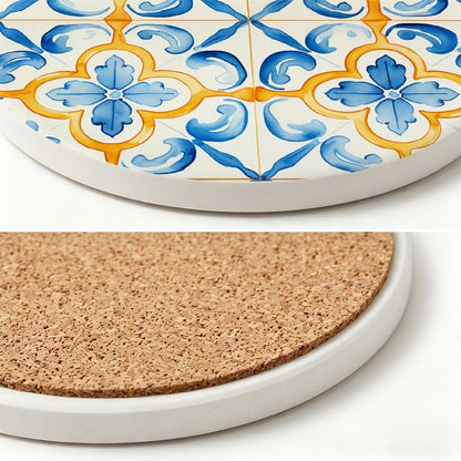 Yellow Sun Coasters for Outdoor Patio & Garden, Sicilian Lemon Style Absorbent Drink Pads, 6 Pcs with Holder, Summer Party Tableware Accessories