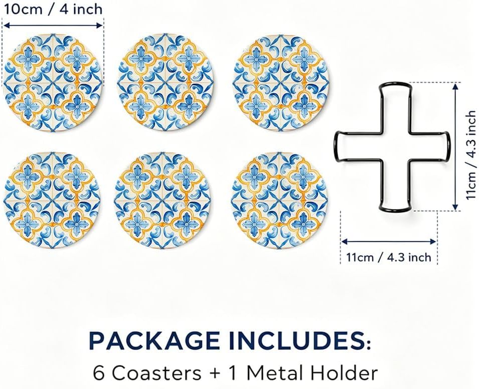 Yellow Sun Coasters for Outdoor Patio & Garden, Sicilian Lemon Style Absorbent Drink Pads, 6 Pcs with Holder, Summer Party Tableware Accessories