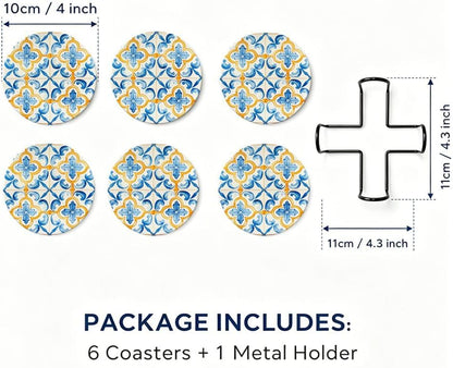Yellow Sun Coasters for Outdoor Patio & Garden, Sicilian Lemon Style Absorbent Drink Pads, 6 Pcs with Holder, Summer Party Tableware Accessories