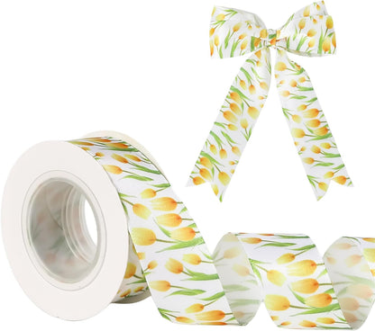 Tulip Ribbon 5 Yards 1 Inch Yellow Printed Satin Hair Bow Making Floral | Ribbon for Gift Wrapping Wreath Fabric Ribbons for Crafts Flower Bouquet Sewing Mothers Day DIY Spring Birthday Party Decor